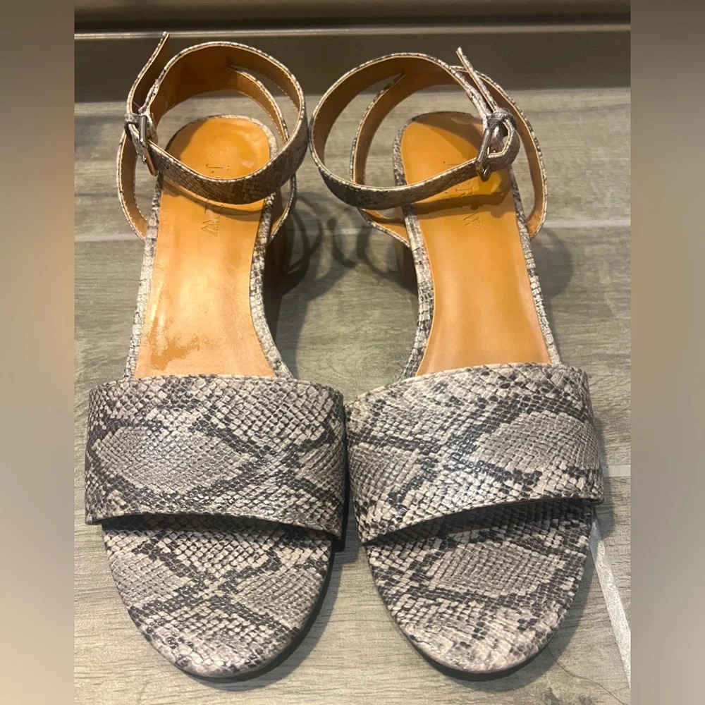 J Crew snakeskin blocked heel strap on sandals, size 8